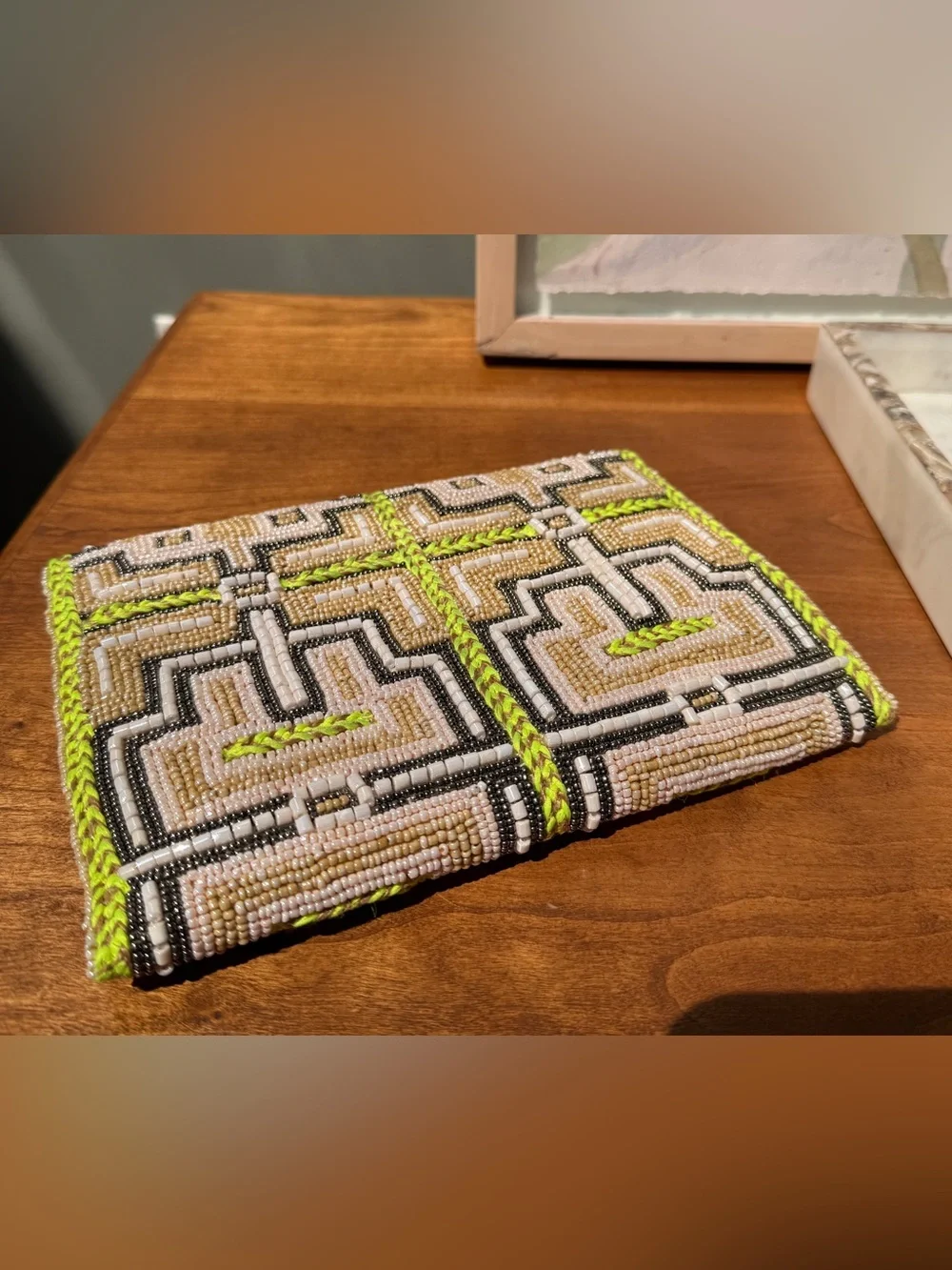 Beaded Geometric Clutch Crossbody – Cream Gunmetal Lime